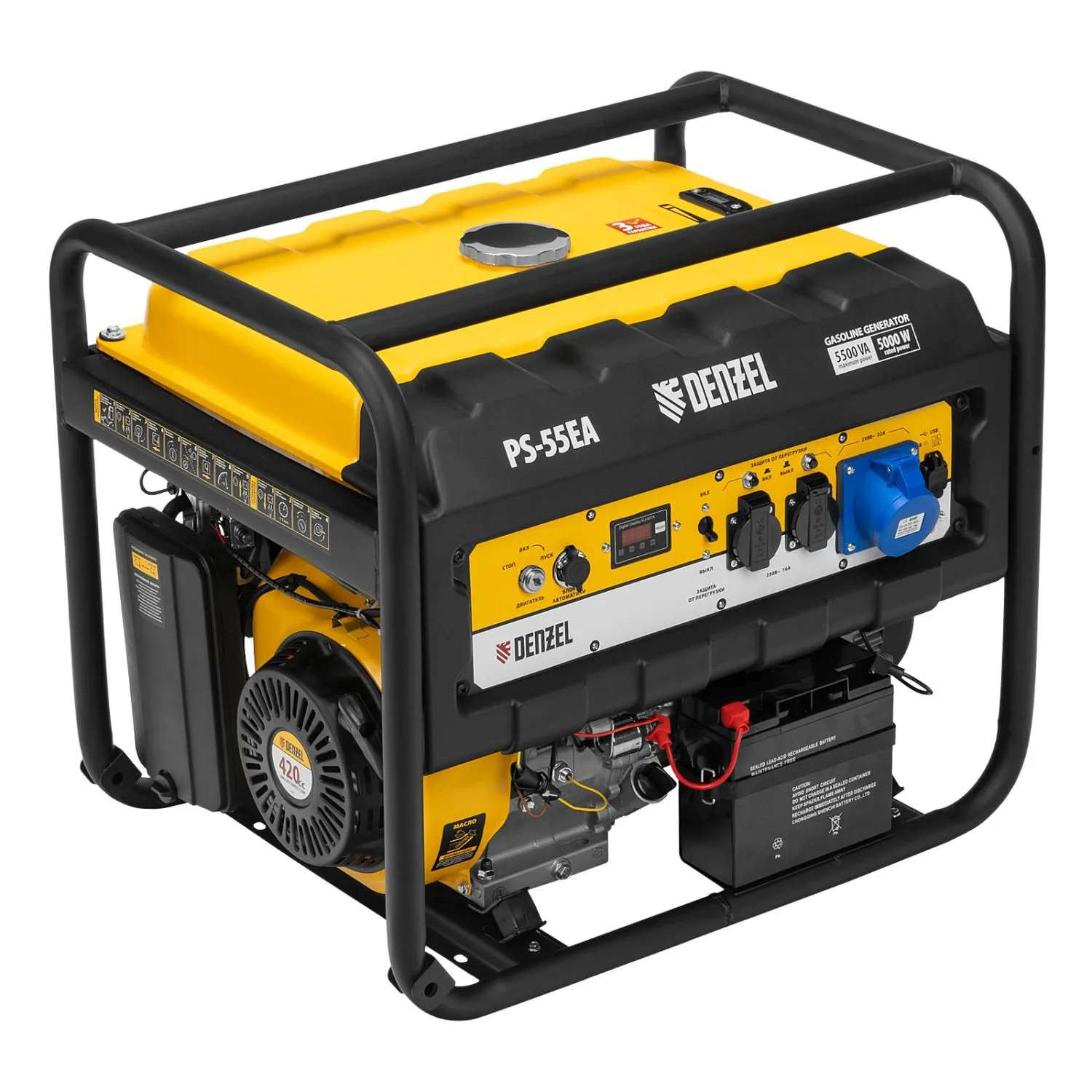 Генератор бензиновый PS 55 EA, 5.5 кВт, 230 В, 25 л, коннектор автоматики, электростартер Denzel купить